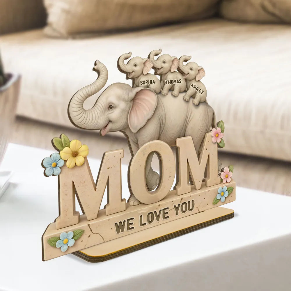 Personalized 2-Layer Wooden Plaque with Elephant Mom and Calves, We Love You Message, Unique Gift for Mom