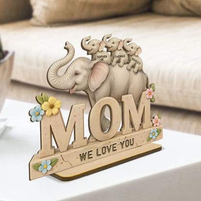 Personalized 2-Layer Wooden Plaque with Elephant Mom and Calves, We Love You Message, Unique Gift for Mom