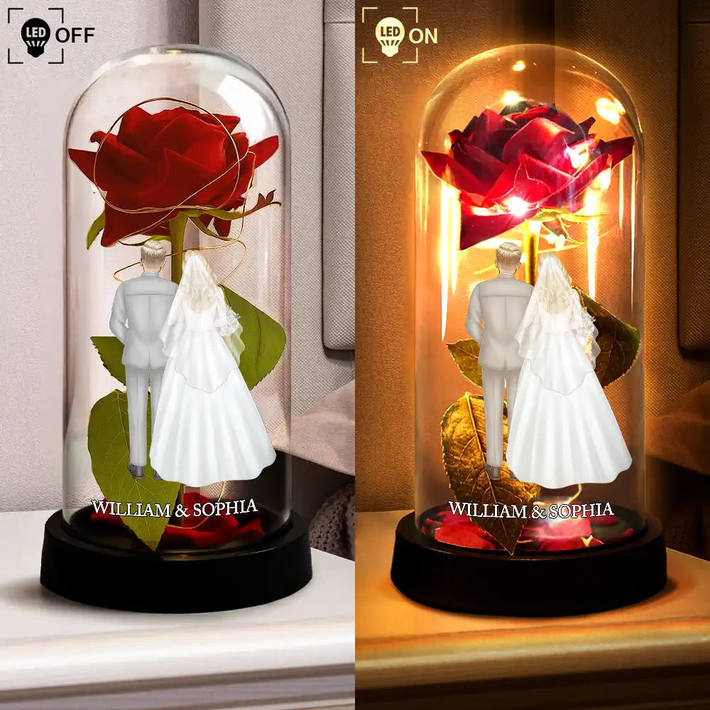 Lighted Eternal Rose Dome with Glowing Red Rose and Couple Back View, Sweet Romantic Decor, Unique Gift for Wife or Husband