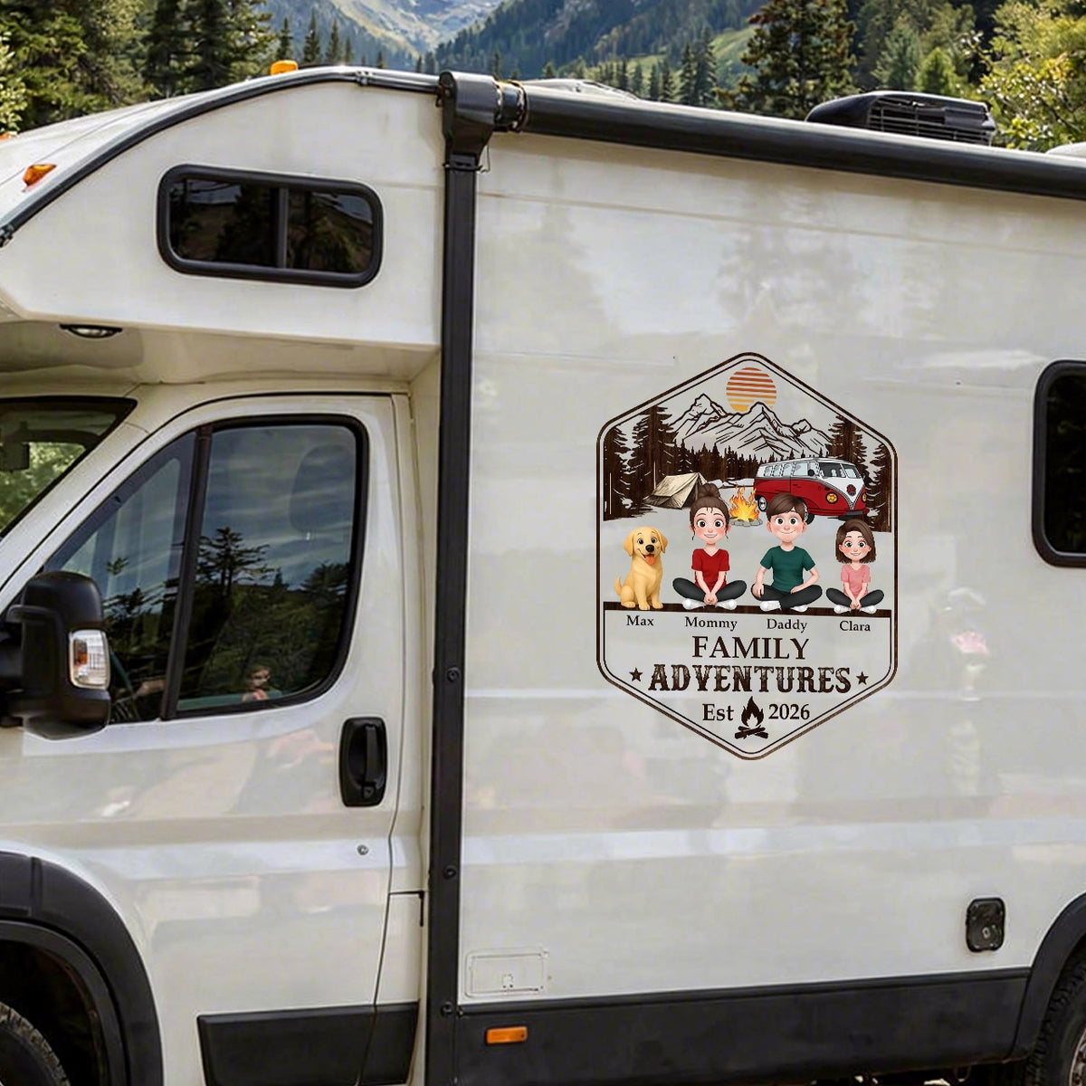 Family Adventures Sticker Decal, Custom Mountain RV Decor, Creative Gift for Mom, Dad & Dog Lovers