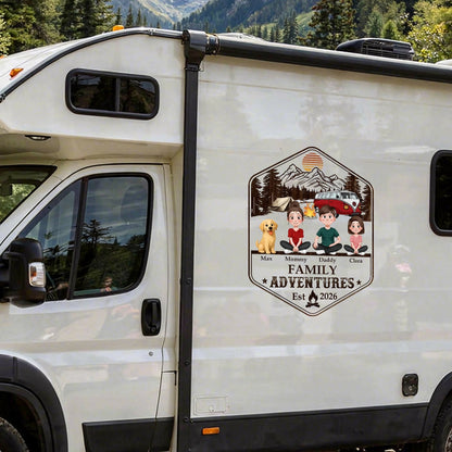 Family Adventures Sticker Decal, Custom Mountain RV Decor, Creative Gift for Mom, Dad & Dog Lovers