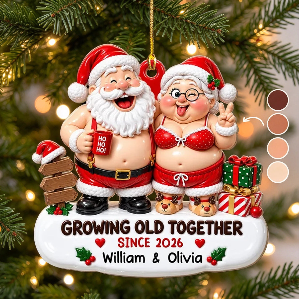 Personalized Acrylic Ornament, Laughing Older Couple in Santa Outfits by a Christmas Tree, Unique Gift for Couples