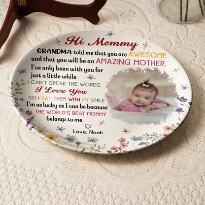 Bone China Plaque with Baby Photo and Heartfelt Mom Message, Soft Floral Table Accent and Wall Decor, Thoughtful Gift
