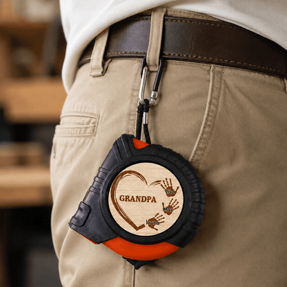 Personalized Tape Measure for Grandpa with Kids' Handprints, Custom Wood Keepsake Gift for DIY Dad & Grandfather