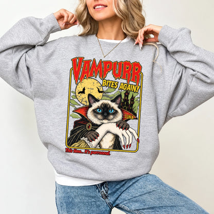 Personalized Cat Sweatshirt, Playful Vampire and Haunted Castle Design, Creative Gift for Friends