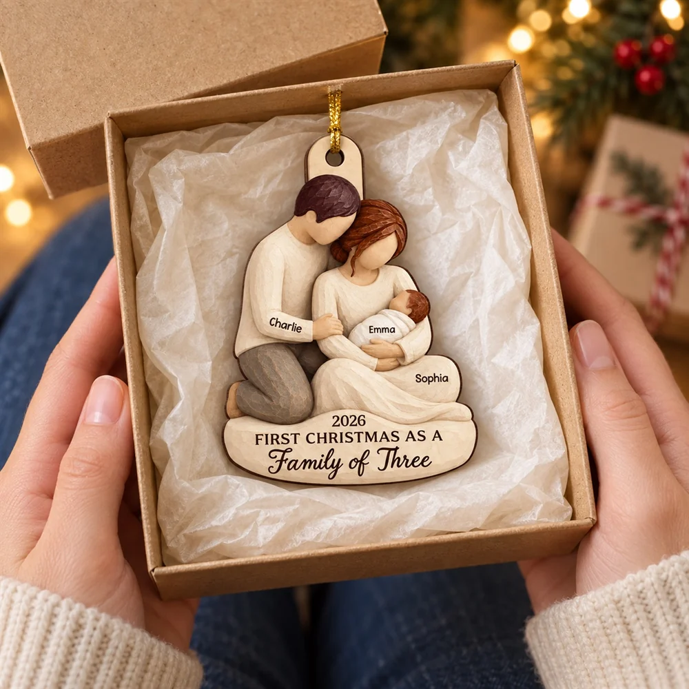 Wooden Ornament, Personalized New Family Keepsake, Tender Parents Holding Baby, Creative Gift for New Parents