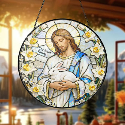 Personalized Jesus With Bunny Glass Suncatcher Ornament for Easter Window Display, Bright Colorful Light, Unique Religious Gift