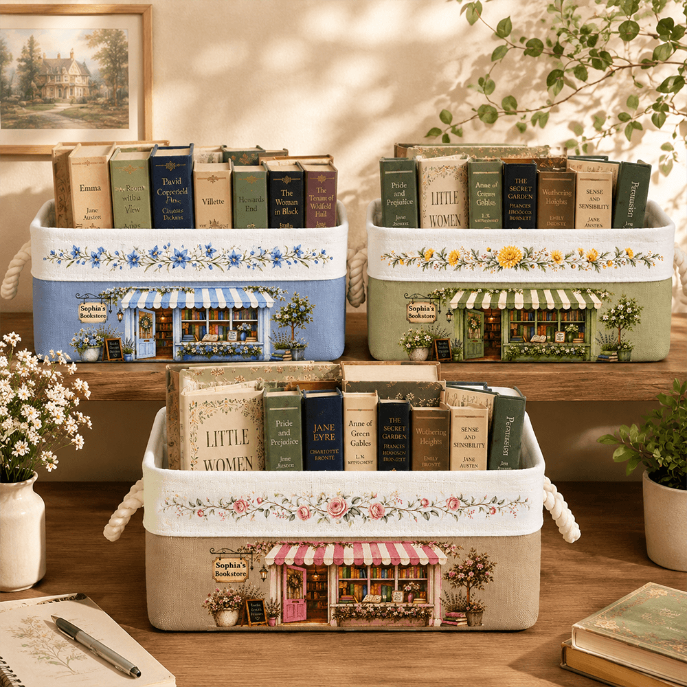 Personalized Bookstore Basket with Birth Month Flowers & Custom Name, Unique Gift for Book Lovers