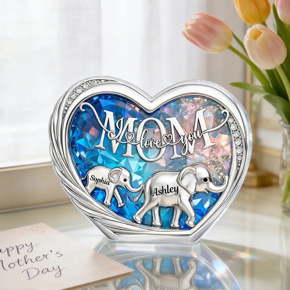 Personalized Shaped Acrylic Block Plaque with Elephant Family in Heart, 'Mom We Love You' Unique Gift for Mom