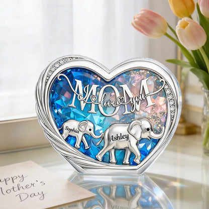 Personalized Shaped Acrylic Block Plaque with Elephant Family in Heart, 'Mom We Love You' Unique Gift for Mom