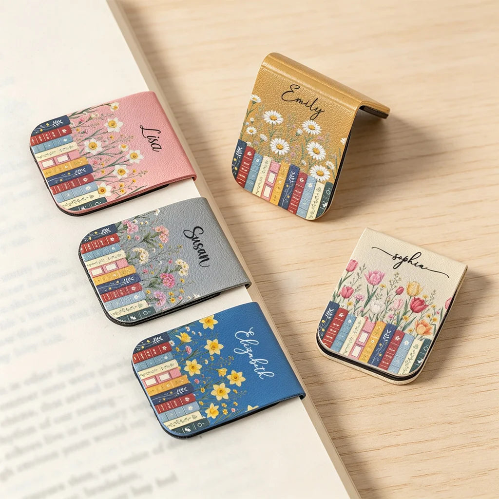 Leather Magnetic Bookmark with Personalized Vintage Floral Library Art, Creative Gift for Mom or a Book-Loving Friend