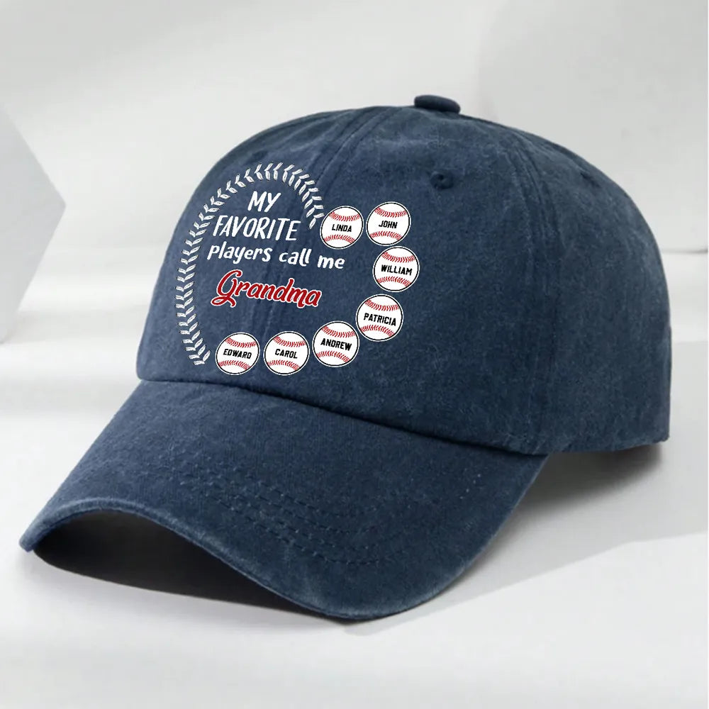 Personalized Washed Denim Baseball Cap, My Favorite Players Call Me Grandma, Vintage Baseball Gift for Grandma