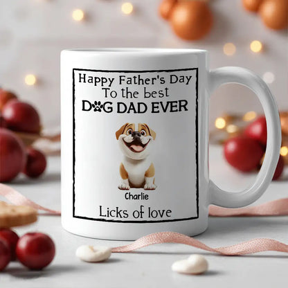 Happy Father’s Day Mug – Cartoon Dogs Sitting Together with Licks of Love – Personalized Gift for Dog Dads