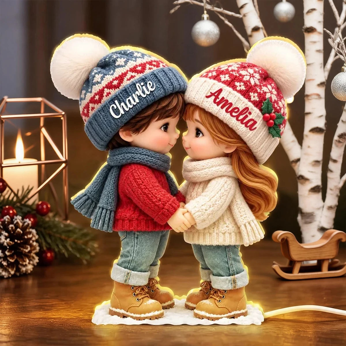 Personalized Acrylic Light Box, Cute Cartoon Couple Holding Hands in a Cozy Christmas Scene, Unique Gift