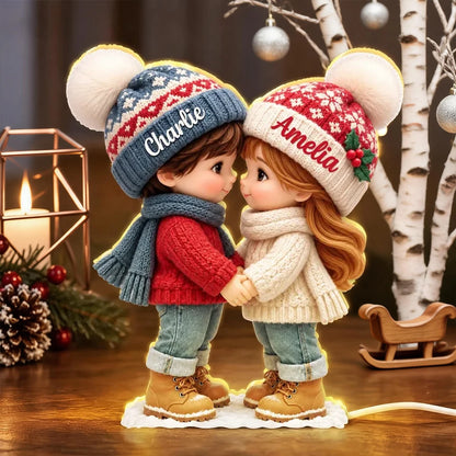 Personalized Acrylic Light Box, Cute Cartoon Couple Holding Hands in a Cozy Christmas Scene, Unique Gift