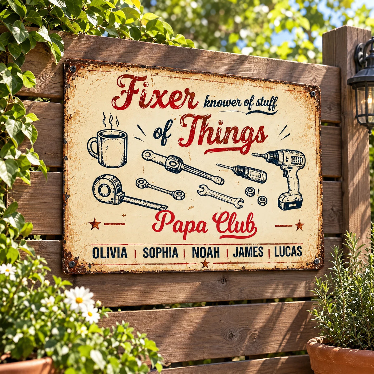 Personalized Grandpa Workshop Sign, Vintage Fixer of Things Decor with Kids’ Names, Gift for Papa