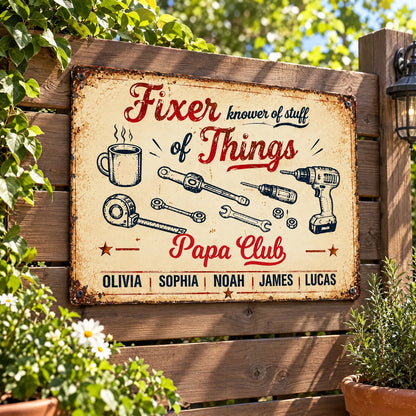Personalized Grandpa Workshop Sign, Vintage Fixer of Things Decor with Kids’ Names, Gift for Papa