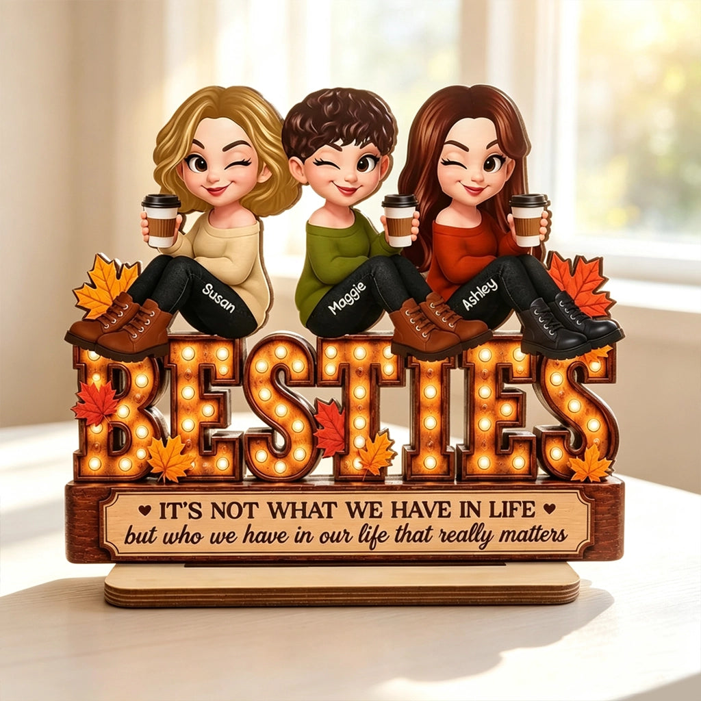 Personalized 2-Layer Wooden Plaque, Fall Besties Cartoon Coffee Scene, Unique Gift for Sister or Friend