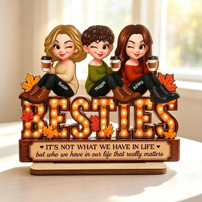 Personalized 2-Layer Wooden Plaque, Fall Besties Cartoon Coffee Scene, Unique Gift for Sister or Friend