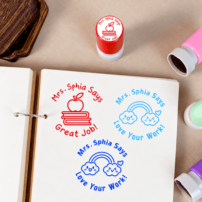 Personalized Teacher Stamp with Colorful Classroom Icons, Creative Gift for Teachers