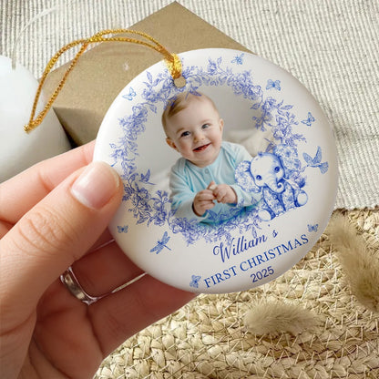 Ceramic Ornament with Baby’s First Christmas Theme, Blue Floral Wreath Design, Perfect Keepsake Gift for Newborn Celebration