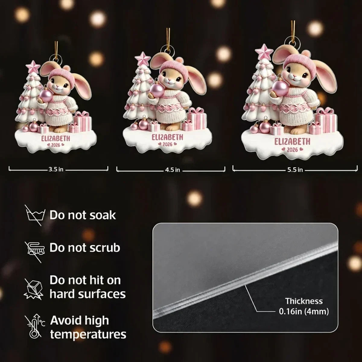 Personalized Acrylic Ornament, Pink Bunny Holding a Bauble by a Snowy Christmas Tree, Unique Gift for Kids