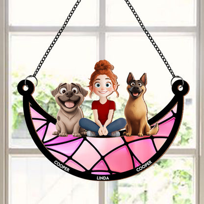 Personalized Dog Lovers Ornament – Cute Family Hanging with a Girl and Her Dogs, Perfect Gift for Dog Lovers, Ideal for Valentine's Day and Birthday, Wood and Acrylic Layered Ornament