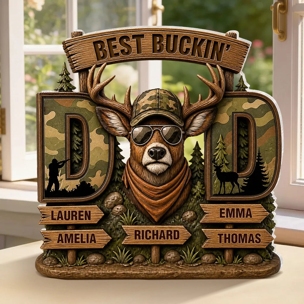 Personalized Shaped Acrylic Block Plaque with Camo Buck & Hunter Silhouette, Unique Gift for Dad