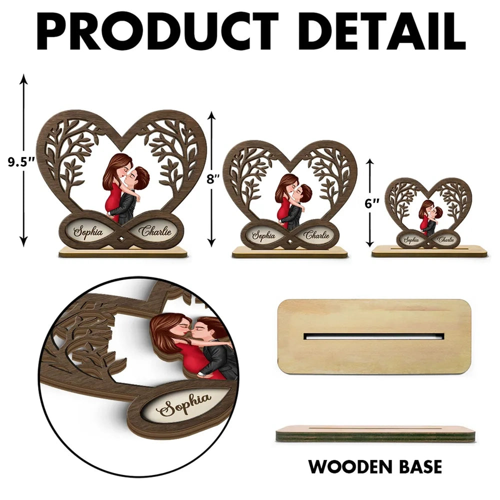 Personalized 2-Layer Wooden Plaque Kissing Couple in Infinity Heart for Bedroom Decor Unique Romantic Gift for Couples