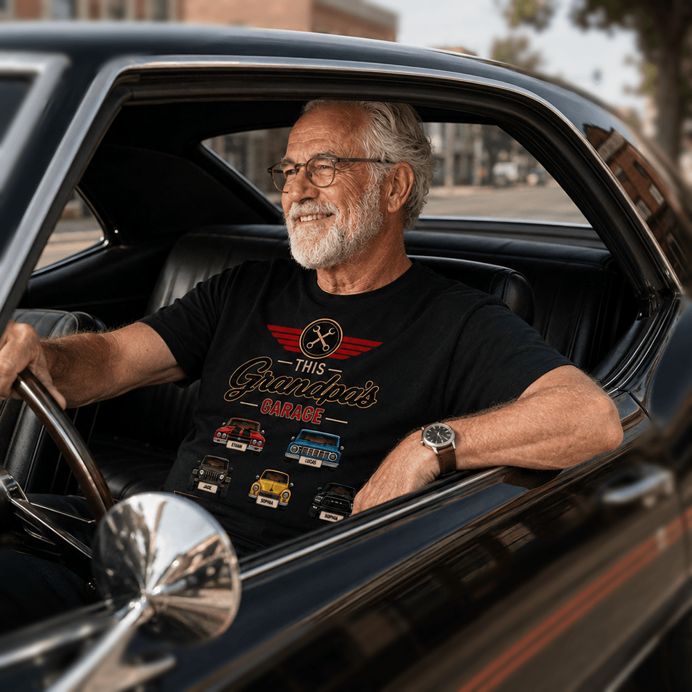 Personalized Grandpa's Garage Shirt, Custom Grandkids Car Tee, Father's Day or Birthday Gift for Grandpa