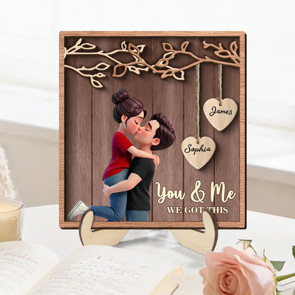 2-Layer Wooden Plaque Personalized for Couples, Romantic Hug and Kiss Under Hanging Hearts, Sweet Keepsake Gift for Him or Her