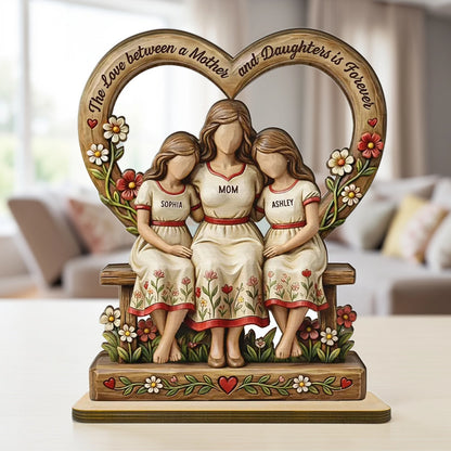 Personalized 2-Layer Wooden Plaque Mother and Daughters Sitting on Bench Heart Frame Family Keepsake - Unique Gift for Mom