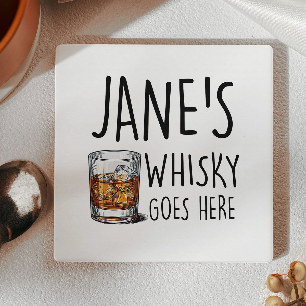 Personalized Round Ceramic Coaster with Custom Drink Text and Cocktail Illustration, Funny Bar Cart Decor, Unique Gift for Him or Her