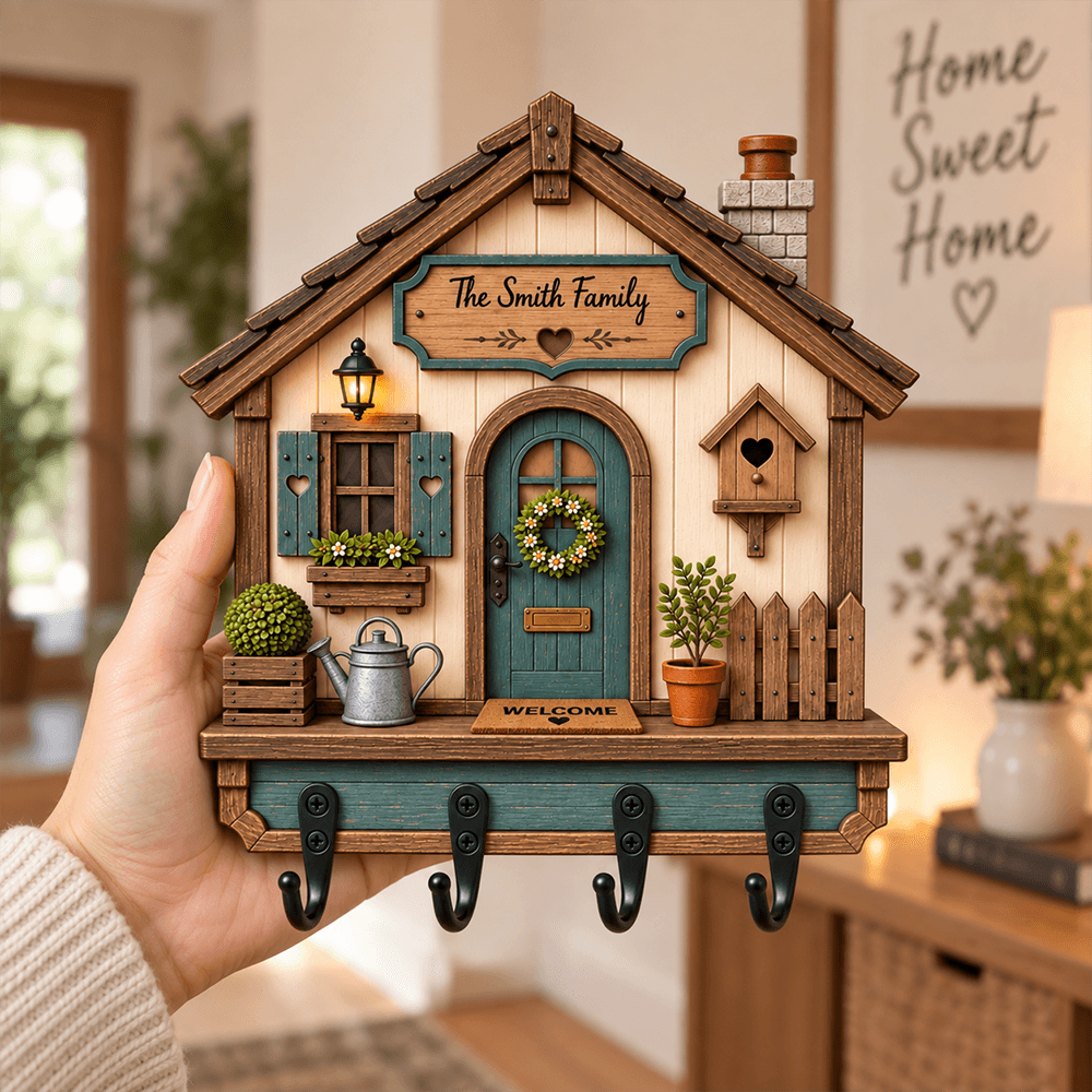 Personalized Family Cottage Wooden Key Holder, Custom Name Welcome Home Wall Decor, Housewarming Gift for Couples