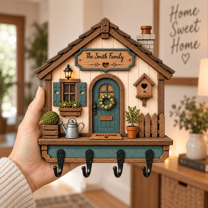 Personalized Family Cottage Wooden Key Holder, Custom Name Welcome Home Wall Decor, Housewarming Gift for Couples