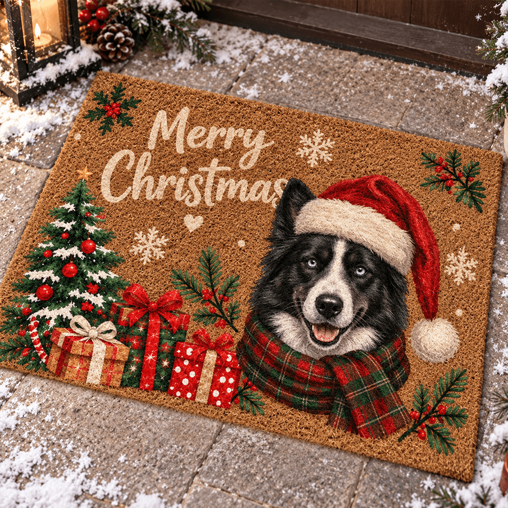 Personalized Christmas Doormat with Custom Pet Photo, Festive Santa Hat & Scarf Design, Unique Holiday Gift for Pet Lovers