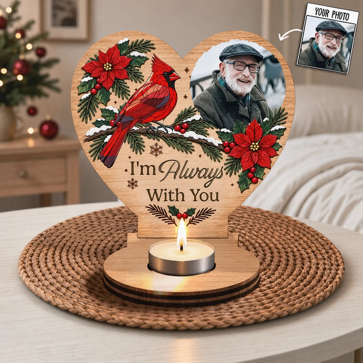 Personalized Wooden Candle Holder with Cardinal and Winter Greenery, Unique Memorial Gift for Family