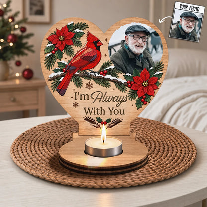 Personalized Wooden Candle Holder with Cardinal and Winter Greenery, Unique Memorial Gift for Family