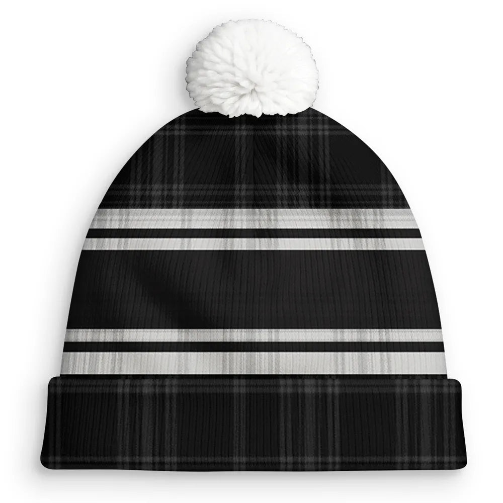 Dog Dad Bobble Beanie Hat, Custom Cartoon Owner Sitting with Pup on Black Plaid, Cozy Everyday Gift