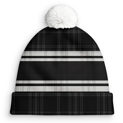 Dog Dad Bobble Beanie Hat, Custom Cartoon Owner Sitting with Pup on Black Plaid, Cozy Everyday Gift