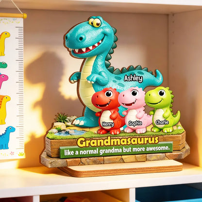 2-Layer Wooden Plaque Personalized Grandmasaurus With Cute Dino Kids - Sweet Living Room or Nursery Display, Creative Gift for Grandma