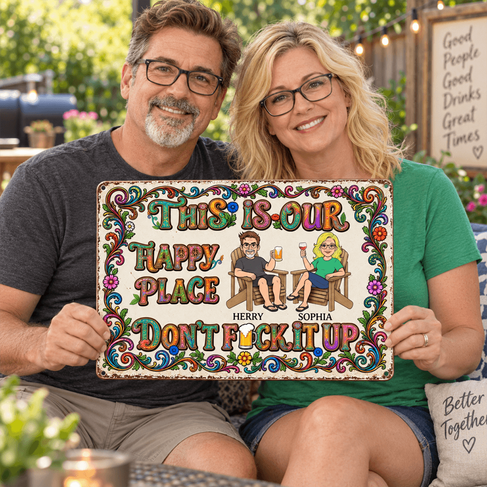 Personalized Couple Iron Sign, Vintage Floral Happy Place Sign, Funny Patio & Backyard Gift for Partners