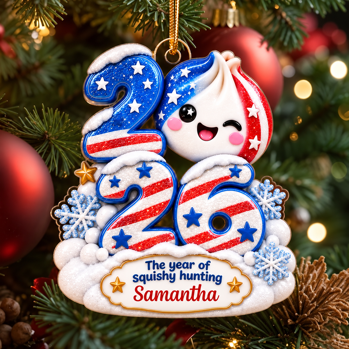 Personalized American Flag Squishy Hunting Christmas Ornament, Custom Name & Year, Fun Patriotic Keepsake for Teens
