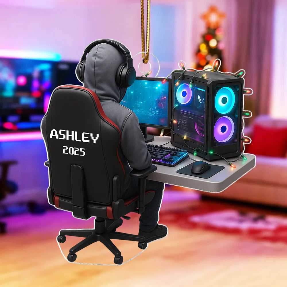 Personalized Gamer Acrylic Ornament, Hoodie & Headset Desk Setup with RGB PC Lights, Unique Gift for Gamers