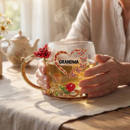 Personalized Enamel Flower Tea Cup for Grandma - Butterfly Heart Design, Unique Gift for Her Tea Moments