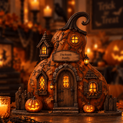 Personalized Pumpkin Cottage Wooden Plaque with Family Name, Cozy Fall & Halloween Tabletop Decor