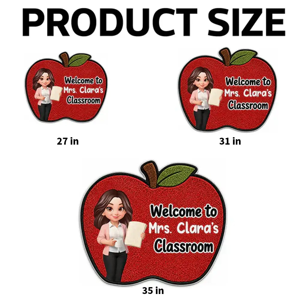 Personalized Shaped Doormat with Smiling Teacher & Apple, Unique Back to School Gift for Teacher