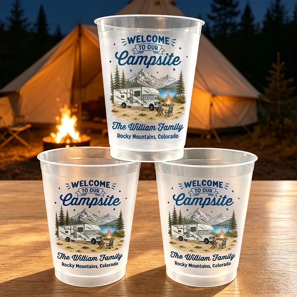 Personalized Frosted Plastic Cup, Welcome to Our Campsite RV Mountain Scene, Unique Gift for Camping Families