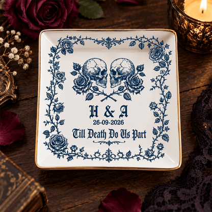 Personalized Gothic Jewelry Dish – Till Death Do Us Part, Custom Initials & Date Gift for Couples