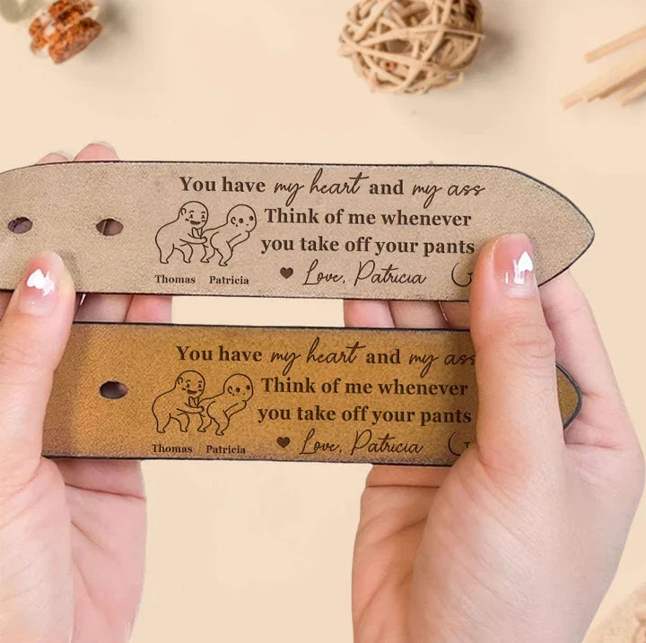 Personalized Leather Belt, Romantic Humor in Brown and Black, Cartoon Couple Posing Together, Creative Gift for Partner